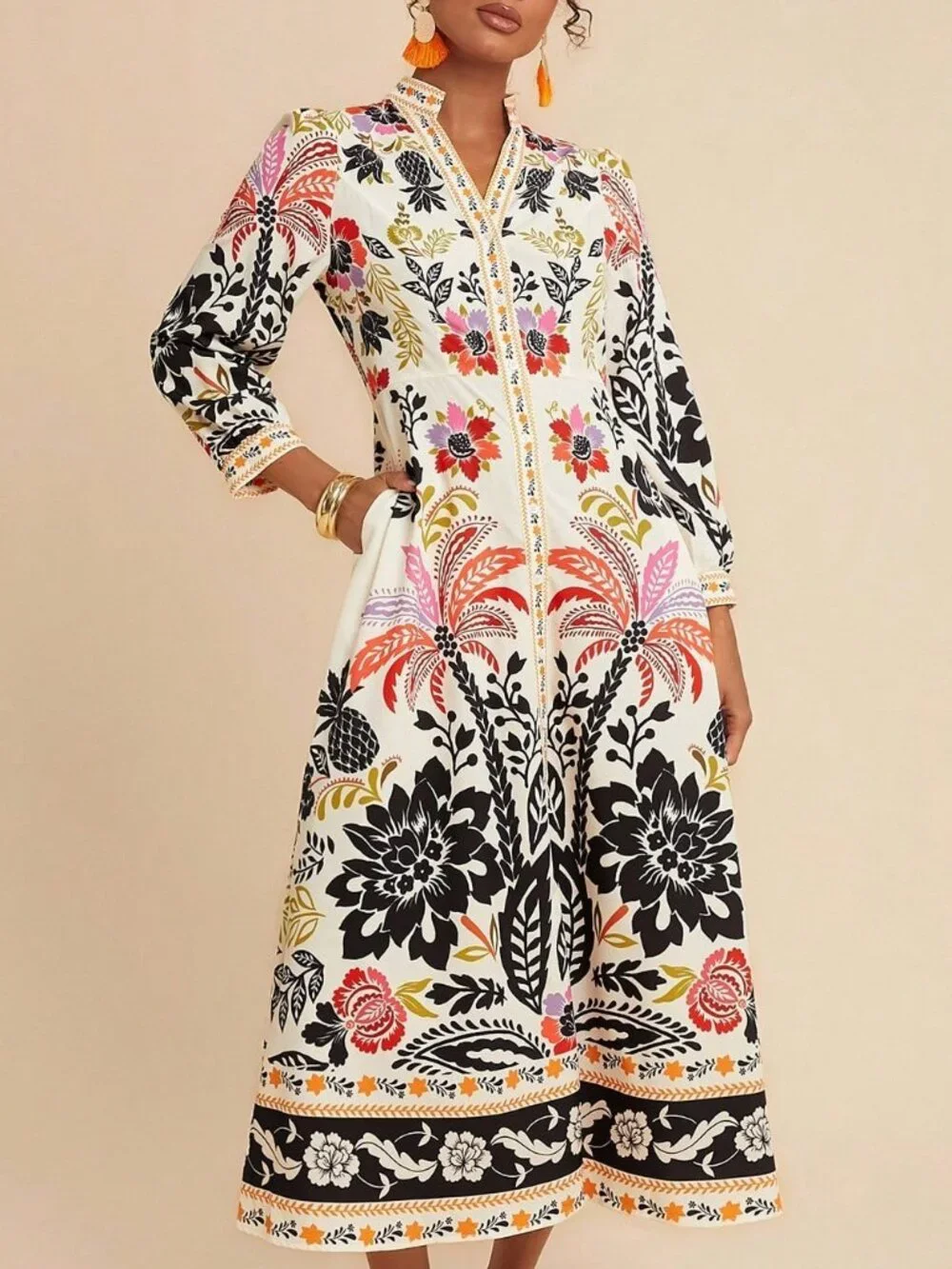 Khaki Boho Women's Palm Tree Print Long Sleeve Button Down Casual Midi Dress - Picture 3 of 6